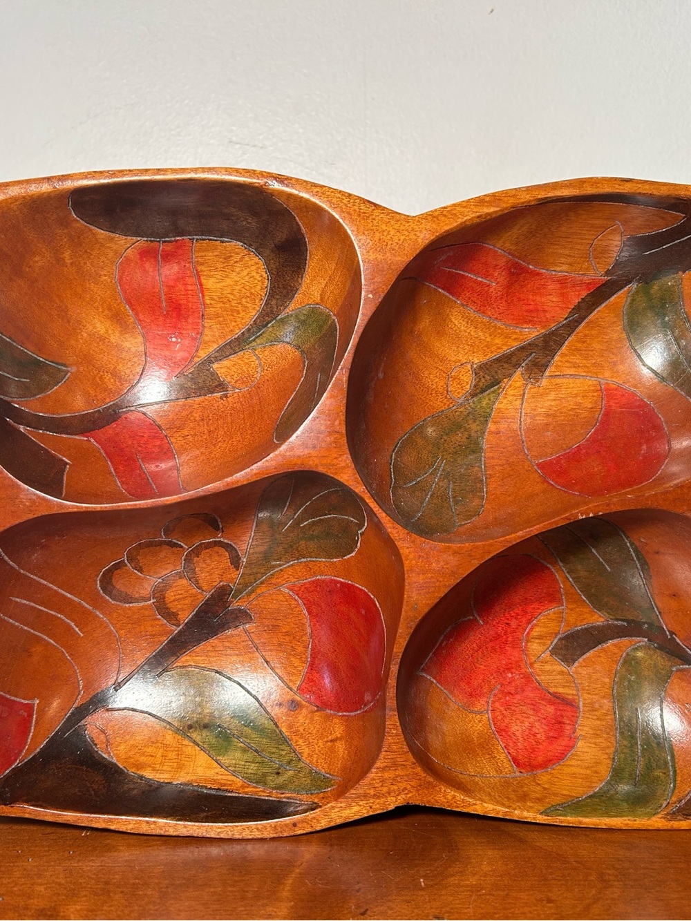 Hand-Carved Decorative Wooden Serving Tray with Red and Green Inlay